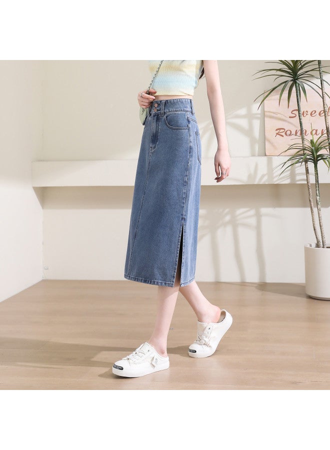 Jeanswest Women's Classic Mid-length Denim Skirt - High Waist Casual Versatile A-line Skirt With Side Slit Design For Spring/summer - Image 4