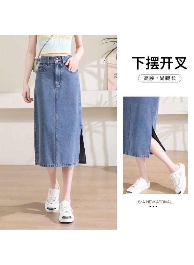 Jeanswest Women's Classic Mid-length Denim Skirt - High Waist Casual Versatile A-line Skirt With Side Slit Design For Spring/summer - Image 2