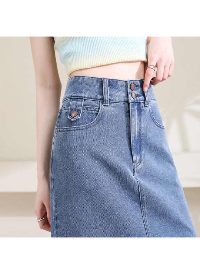 Jeanswest Women's Classic Mid-length Denim Skirt - High Waist Casual Versatile A-line Skirt With Side Slit Design For Spring/summer - Image 5
