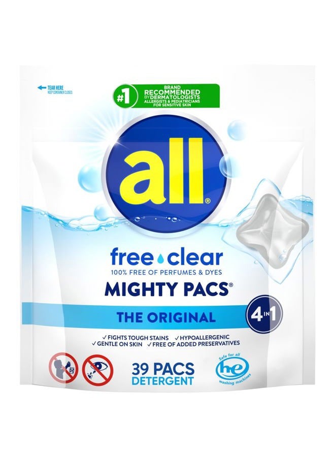 All Mighty Laundry Detergent Pacs, Free Clear for Sensitive Skin, Unscented and No Dye, 39 Count - Image 1