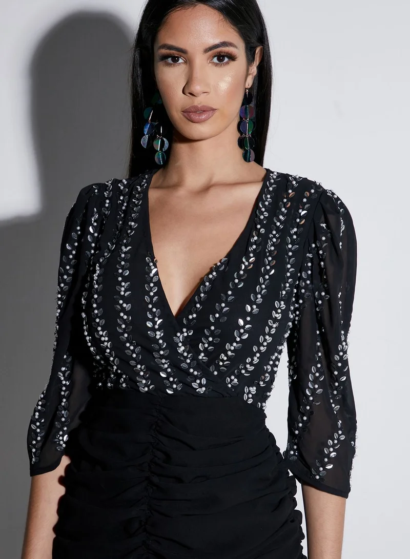 Virgos Lounge Fanaya Ruched Detail Mesh Sleeve Dress