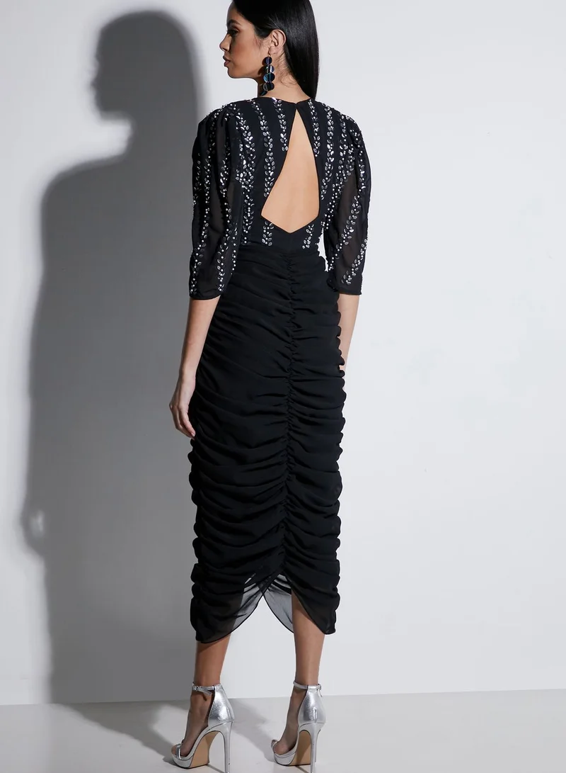 Virgos Lounge Fanaya Ruched Detail Mesh Sleeve Dress
