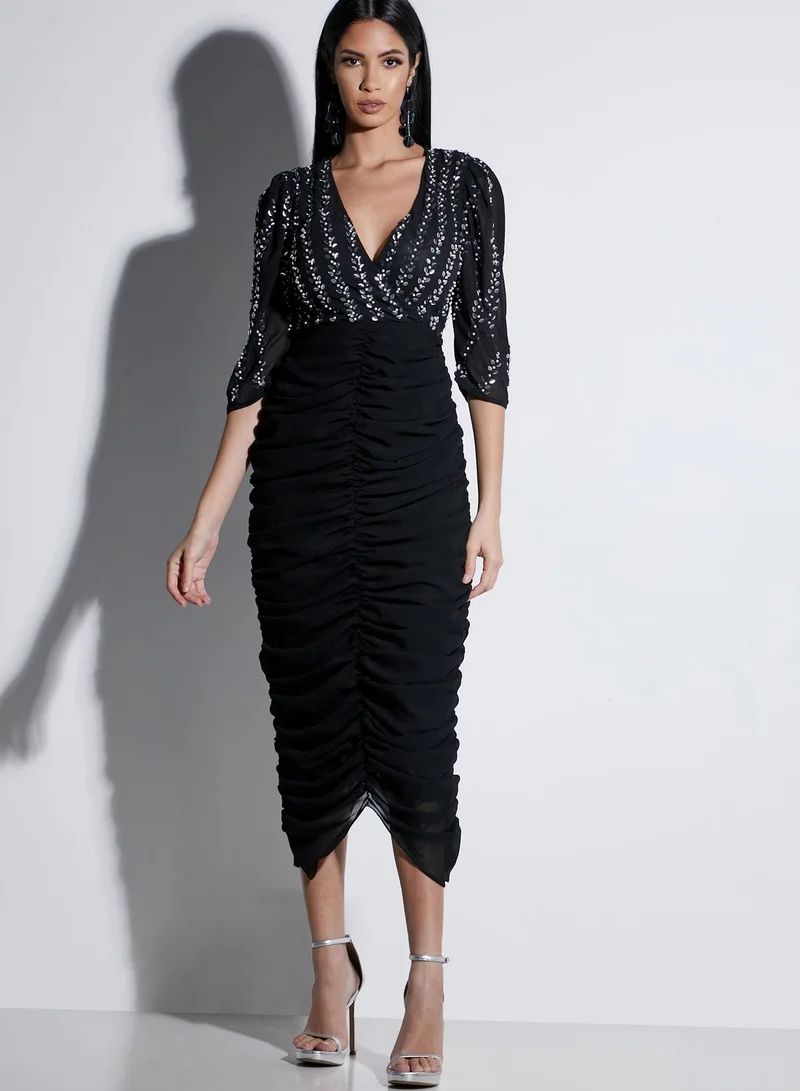 Virgos Lounge Fanaya Ruched Detail Mesh Sleeve Dress