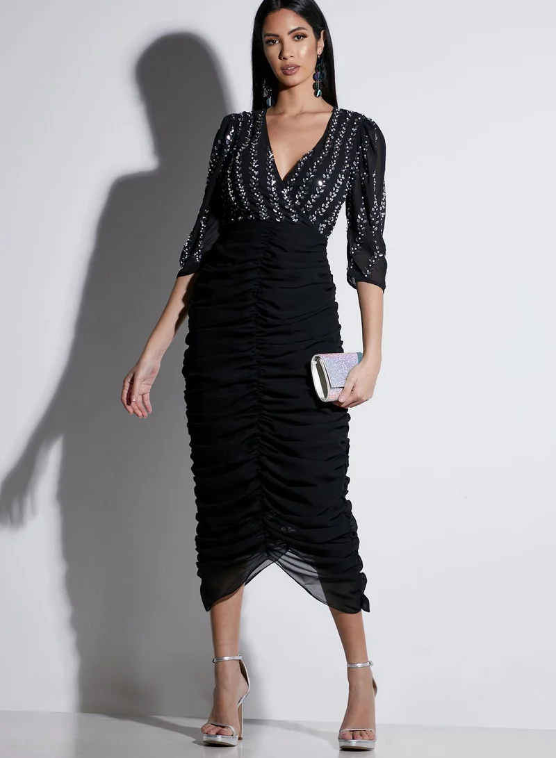Virgos Lounge Fanaya Ruched Detail Mesh Sleeve Dress