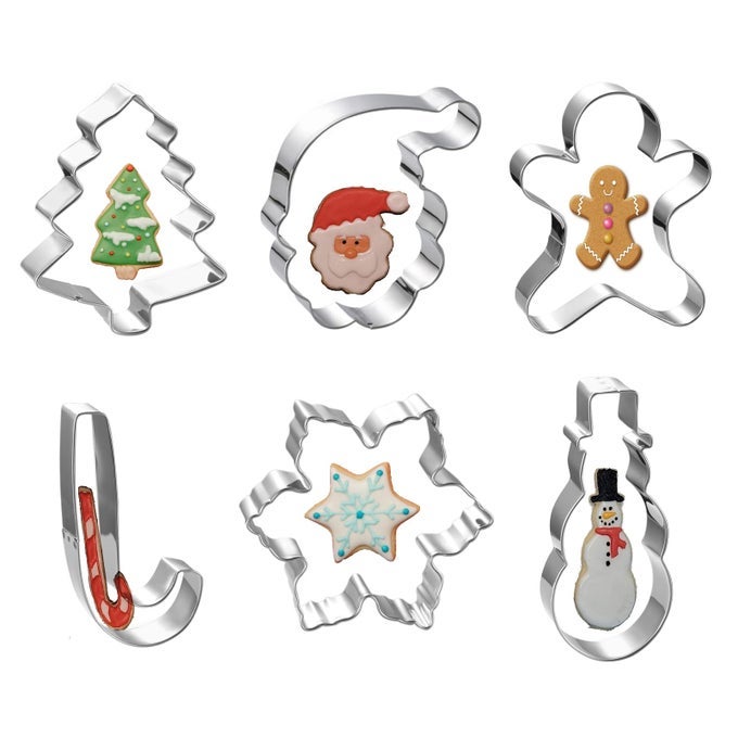 LARGE 4 INCH CHRISTMAS COOKIE CUTTER SET 6 PIECES HOLIDAY CHRISTMAS COOKIE CUTTER SHAPES SNOWMANCHRISTMAS TREEGINGERBREAD MANCANDY CANESNOWFLAKE AND SANTA FACE