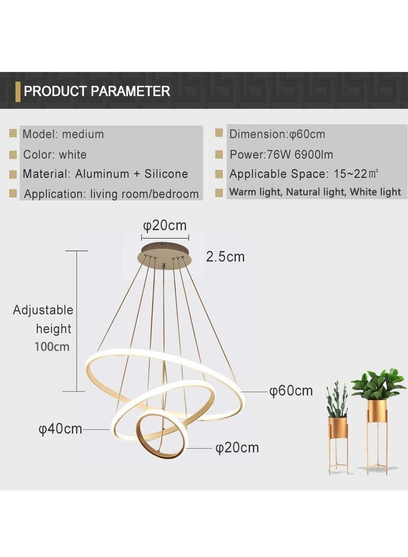 Midwest 3 Rings Modern LED Chandelier, Pendant Lamp LED Ceiling Lighting Fixtures Living Room Farmhouse Kitchen, Adjustable Height Chandeliers for Dining Room Bedroom Hallway - Image 3