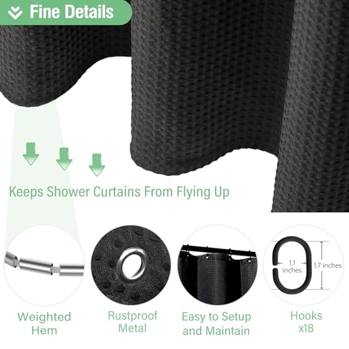 Dynamene Extra Wide Shower Curtain-108 Inch Wide Waffle Weave Weighted Thick Cloth Bathroom Shower Curtain, Neutral Heavy Duty Hotel Bath Curtain Set with 18 Plastic Hooks,108x72,Black - Image 5