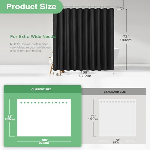 Dynamene Extra Wide Shower Curtain-108 Inch Wide Waffle Weave Weighted Thick Cloth Bathroom Shower Curtain, Neutral Heavy Duty Hotel Bath Curtain Set with 18 Plastic Hooks,108x72,Black - Image 3