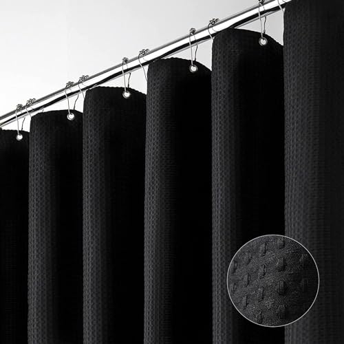 Dynamene Extra Wide Shower Curtain-108 Inch Wide Waffle Weave Weighted Thick Cloth Bathroom Shower Curtain, Neutral Heavy Duty Hotel Bath Curtain Set with 18 Plastic Hooks,108x72,Black - Image 1
