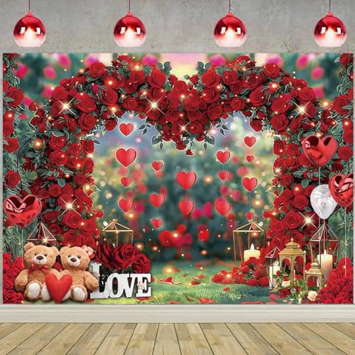 BUTEN Happy Valentine's Day Photography Backdrop Love Heart Red Rose Flowers Stand Background Valentine's Day Bridal Shower Wedding Anniversary Party Decoration Photo Banner Booth (7X5FT(82 x 59 inch)) - Image 5