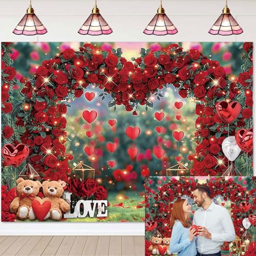 BUTEN Happy Valentine's Day Photography Backdrop Love Heart Red Rose Flowers Stand Background Valentine's Day Bridal Shower Wedding Anniversary Party Decoration Photo Banner Booth (7X5FT(82 x 59 inch)) - Image 1