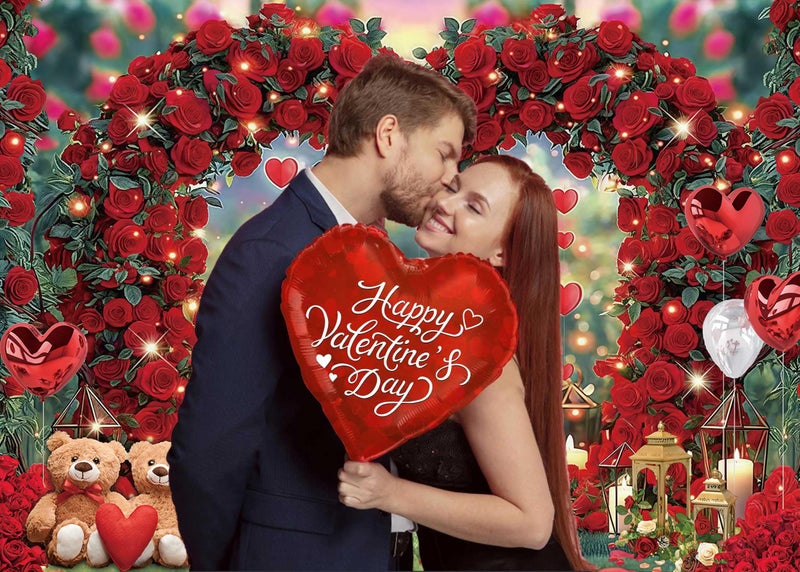 BUTEN Happy Valentine's Day Photography Backdrop Love Heart Red Rose Flowers Stand Background Valentine's Day Bridal Shower Wedding Anniversary Party Decoration Photo Banner Booth (7X5FT(82 x 59 inch)) - Image 3
