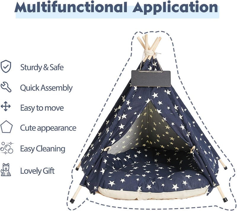 Nukied Pet Teepee Tents, 24 Inch Portable Indoor Dog Teepee Bed with Thick Cushion, Washable Navy Blue Stars Pattern Teepee Tent House for Puppy & Cat - Image 5