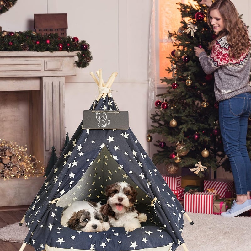 Nukied Pet Teepee Tents, 24 Inch Portable Indoor Dog Teepee Bed with Thick Cushion, Washable Navy Blue Stars Pattern Teepee Tent House for Puppy & Cat - Image 2
