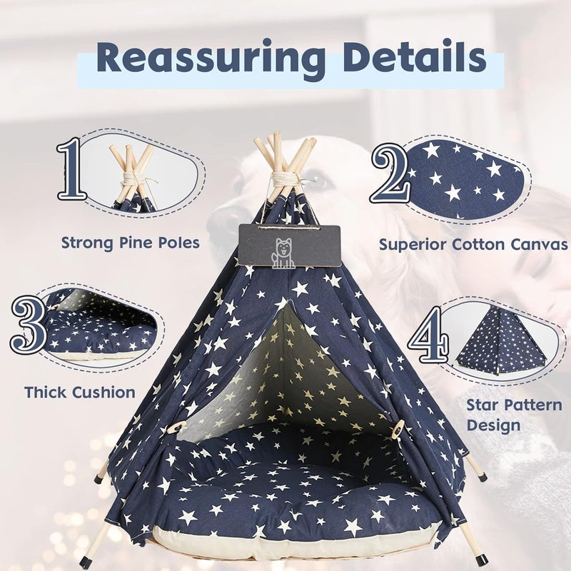Nukied Pet Teepee Tents, 24 Inch Portable Indoor Dog Teepee Bed with Thick Cushion, Washable Navy Blue Stars Pattern Teepee Tent House for Puppy & Cat - Image 3