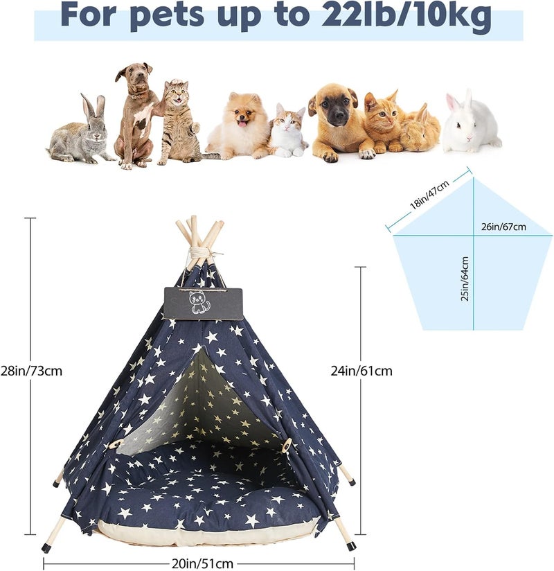 Nukied Pet Teepee Tents, 24 Inch Portable Indoor Dog Teepee Bed with Thick Cushion, Washable Navy Blue Stars Pattern Teepee Tent House for Puppy & Cat - Image 4