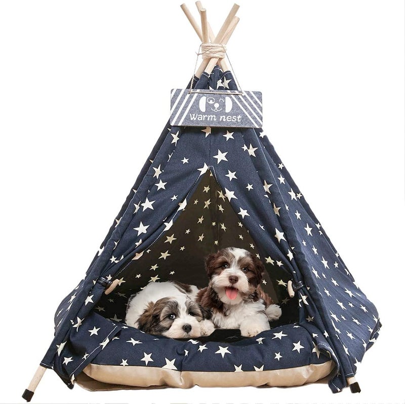 Nukied Pet Teepee Tents, 24 Inch Portable Indoor Dog Teepee Bed with Thick Cushion, Washable Navy Blue Stars Pattern Teepee Tent House for Puppy & Cat - Image 1
