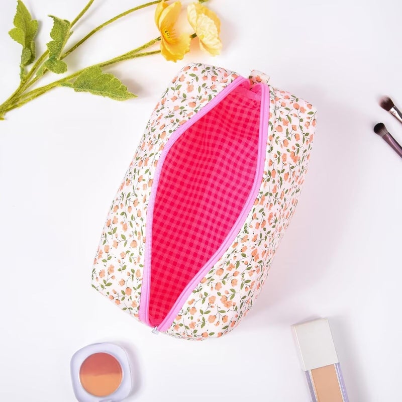 Cute Quilted Makeup Bag - Pink Floral Cosmetic Organizer for Women - Image 4