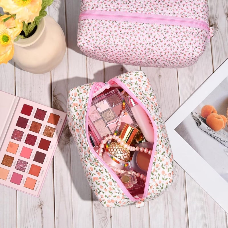 Cute Quilted Makeup Bag - Pink Floral Cosmetic Organizer for Women - Image 5