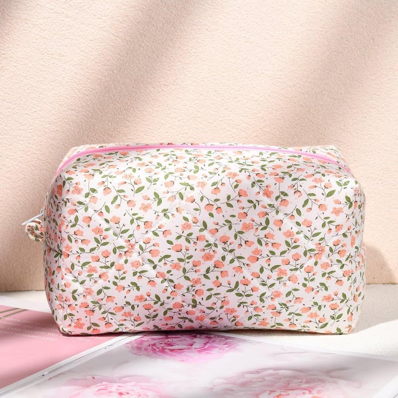 Cute Quilted Makeup Bag - Pink Floral Cosmetic Organizer for Women - Image 1