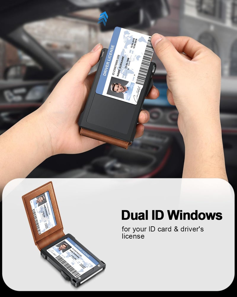 kafellon محفظة للرجال RFID مع نافذتين للهوية ومشبك نقود، حامل بطاقات نحيف قابل للفتح لـ 10-12 بطاقة، محفظة ذكية ثنائية الطي بأسلوب بسيط للجيب الأمامي، حامل بطاقات ائتمان معدني مدمج، هدايا للرجال - Image 5