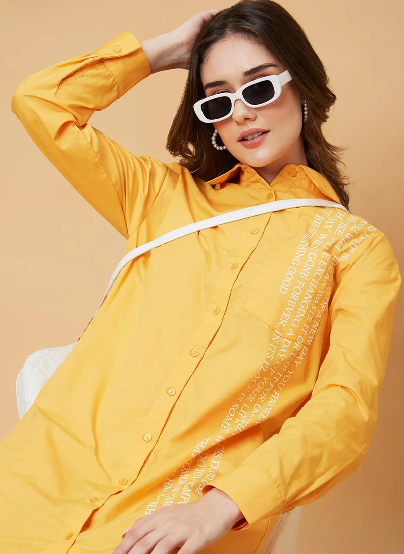 جلو باص Globus Women Yellow Typography Printed Shirt Collar Pure Cotton Shirt Style Mini Dress