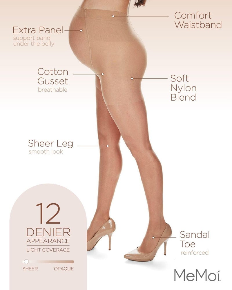 MeMoi Maternity Sheer Pantyhose for Women, Extra Large Waist Pregnancy Shapewear, 12 Denier - Sizes Small to Q2, Nude, Small/Medium - Image 3