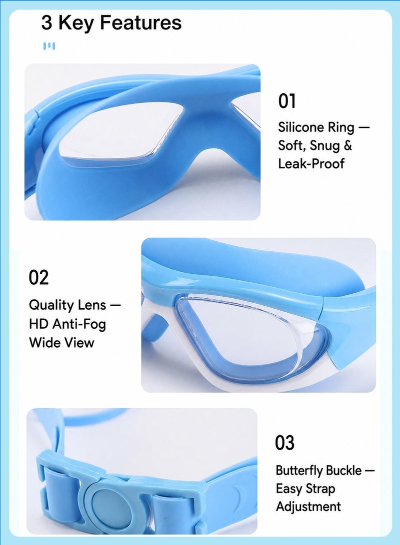 BELANO Swimming Goggles for Kids,  4pcs Anti-Fog HD Wide Vision Swim Goggles Set with Swimming Cap, Nose Clip, Storage Bag Set, Cute Swimming Accessories for Boys - Image 3