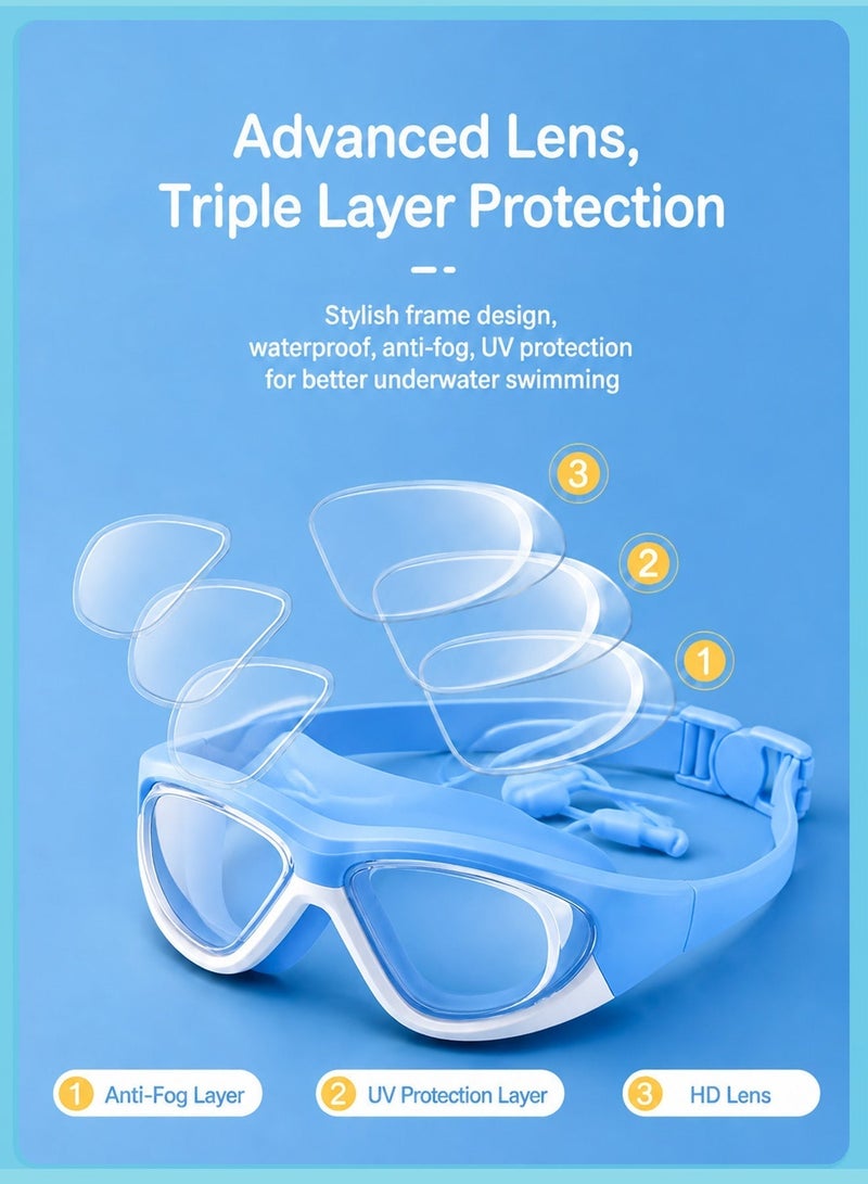 BELANO Swimming Goggles for Kids,  4pcs Anti-Fog HD Wide Vision Swim Goggles Set with Swimming Cap, Nose Clip, Storage Bag Set, Cute Swimming Accessories for Boys - Image 4