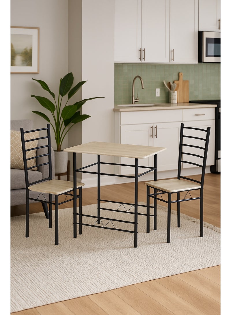 AFT 2-Seater Dining Table Set with 2 Chairs – Light Creamy Wood Finish Top & Black Metal Frame, Compact Dining Room Furniture, Table Size 80×48×75 cm, Chair Size 38×37×90 cm - Image 2