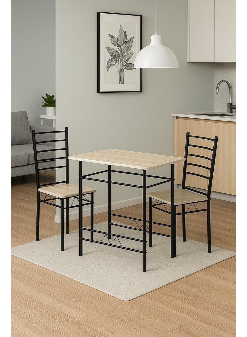AFT 2-Seater Dining Table Set with 2 Chairs – Light Creamy Wood Finish Top & Black Metal Frame, Compact Dining Room Furniture, Table Size 80×48×75 cm, Chair Size 38×37×90 cm - Image 1