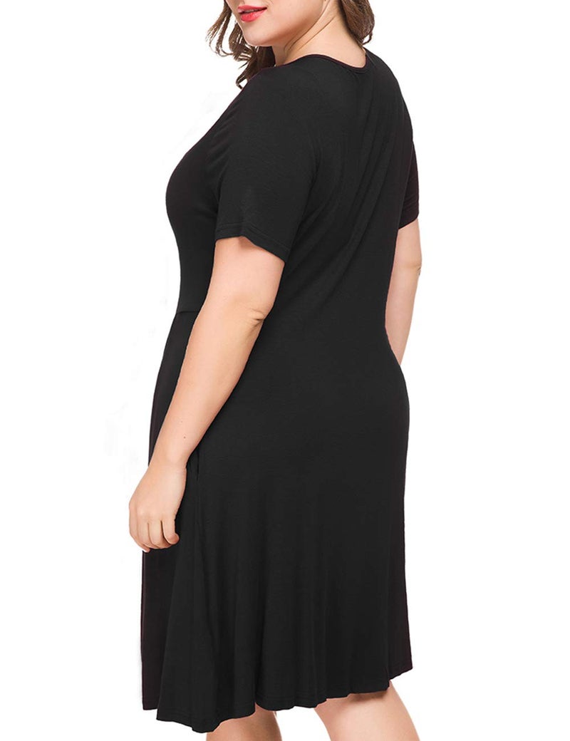 Tralilbee Women's Plus Size Short Sleeve Pleated Loose Swing Casual Dress with Pockets Knee Length Black 2XL - Image 4