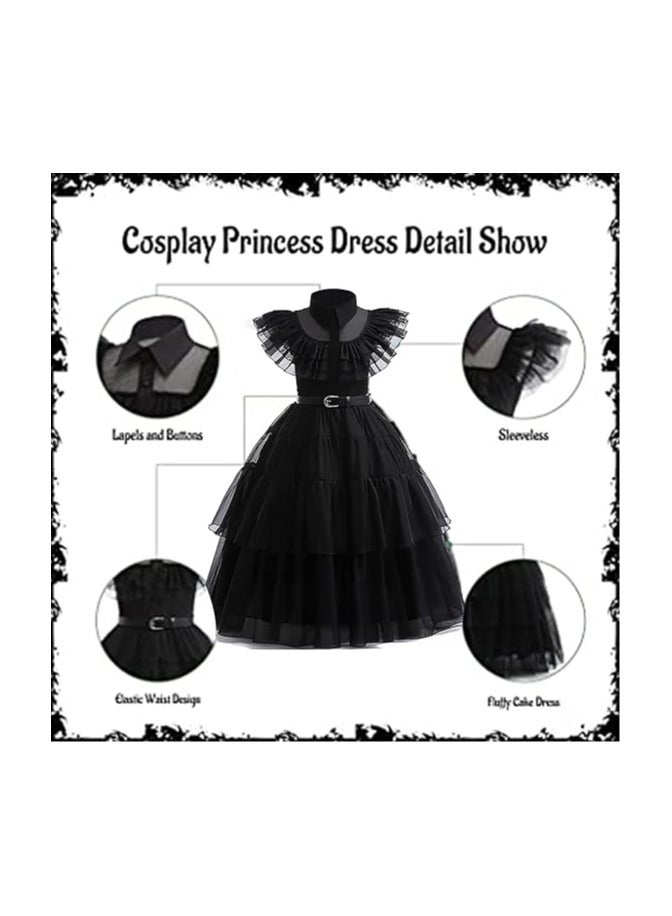 AUTOYSUR Wednesday Adams Black Dance Dress with Belt, Wednesday Cosplay Dress, Pretend Party Costumes, Kids Wednesday Family Costumes, Cosplay Princess Costume - Image 2