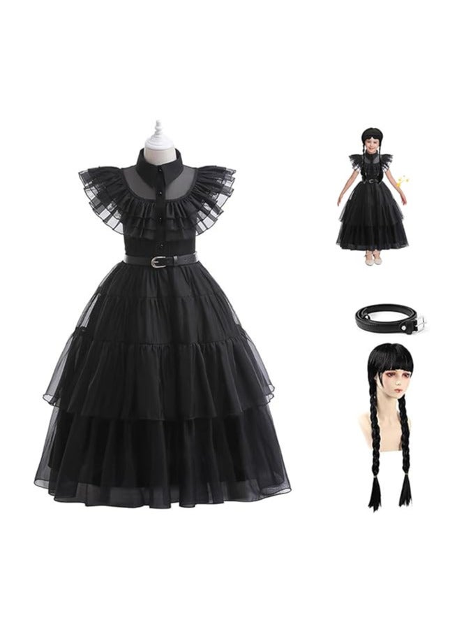 AUTOYSUR Wednesday Adams Black Dance Dress with Belt, Wednesday Cosplay Dress, Pretend Party Costumes, Kids Wednesday Family Costumes, Cosplay Princess Costume - Image 1