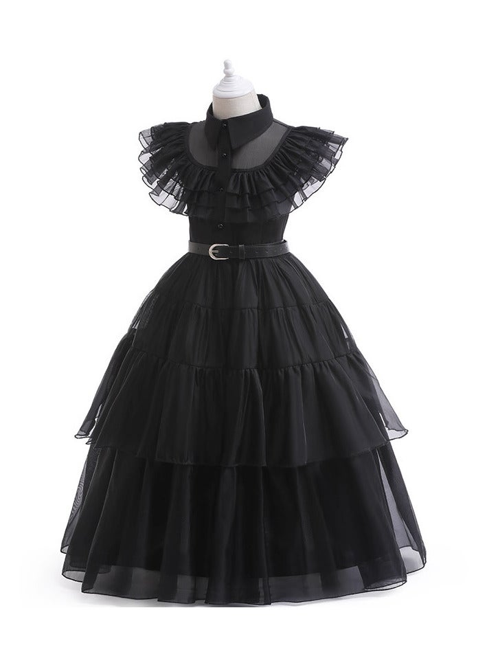 AUTOYSUR Wednesday Adams Black Dance Dress with Belt, Wednesday Cosplay Dress, Pretend Party Costumes, Kids Wednesday Family Costumes, Cosplay Princess Costume - Image 5