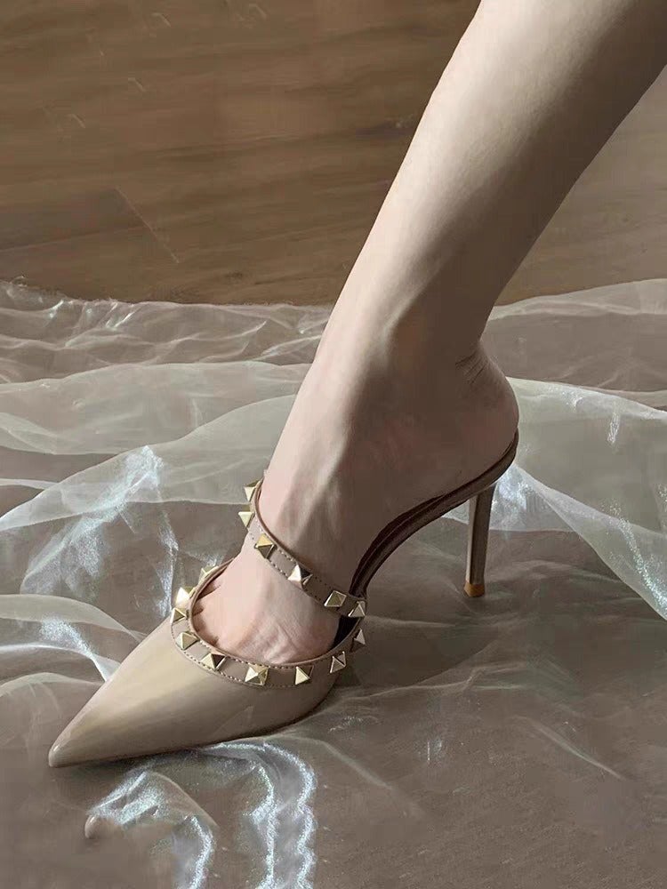 Women's Studded Pointed Toe High Heel Sandals 2025 Summer Slim Heel Ankle Strap Dress Shoes