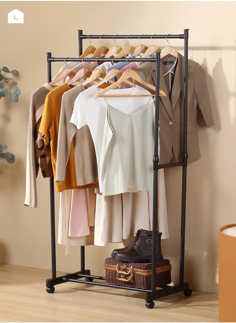 LAWAZIM - Clothes Hanger - Double Rail -Black- Steel Clothing Storage Organizer Rack on Swivel Wheels with Bottom Shelf, Height Adjustable Garment Stand, Anti-Skid Ends, Reinforced Frame, for Home, Dorm - Image 1