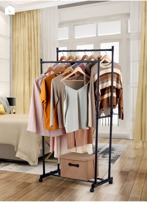 Clothes Hanger - Double Rail -Black- Steel Clothing Storage Organizer Rack on Swivel Wheels with Bottom Shelf, Height Adjustable Garment Stand, Anti-Skid Ends, Reinforced Frame, for Home, Dorm
