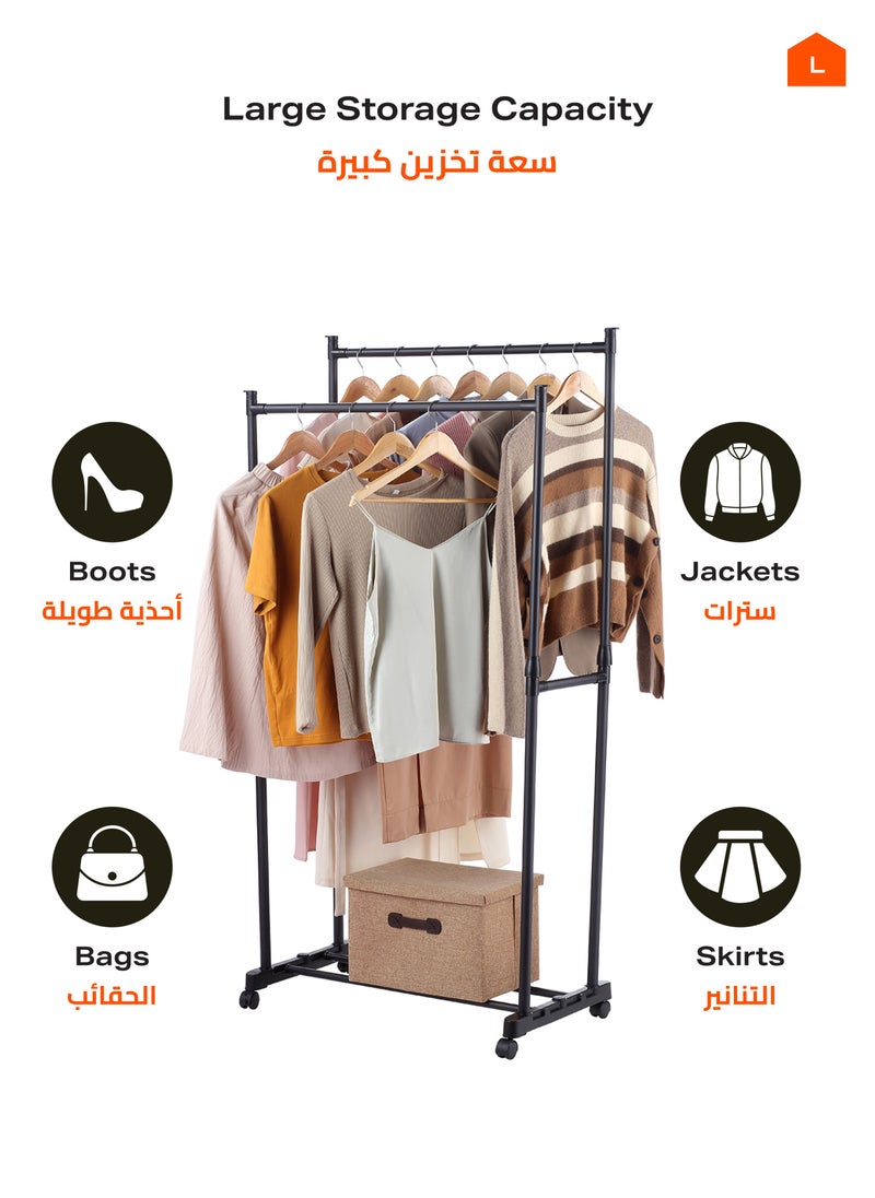 LAWAZIM - Clothes Hanger - Double Rail -Black- Steel Clothing Storage Organizer Rack on Swivel Wheels with Bottom Shelf, Height Adjustable Garment Stand, Anti-Skid Ends, Reinforced Frame, for Home, Dorm - Image 1
