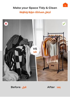 LAWAZIM Clothes Hanger - Double Rail -Black- Steel Clothing Storage Organizer Rack on Swivel Wheels with Bottom Shelf, Height Adjustable Garment Stand, Anti-Skid Ends, Reinforced Frame, for Home, Dorm  - Image 4