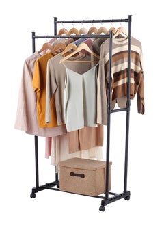 LAWAZIM Clothes Hanger - Double Rail -Black- Steel Clothing Storage Organizer Rack on Swivel Wheels with Bottom Shelf, Height Adjustable Garment Stand, Anti-Skid Ends, Reinforced Frame, for Home, Dorm  - Image 2