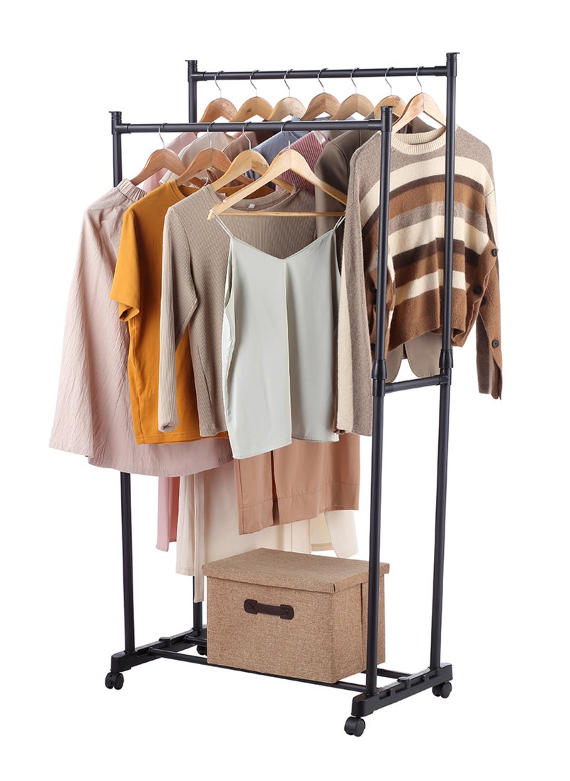 LAWAZIM - Clothes Hanger - Double Rail -Black- Steel Clothing Storage Organizer Rack on Swivel Wheels with Bottom Shelf, Height Adjustable Garment Stand, Anti-Skid Ends, Reinforced Frame, for Home, Dorm - Image 1