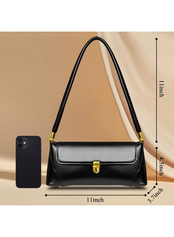 Women's Black Vegan Leather Shoulder Handbag with Gold Hardware, 11-inch - Image 3