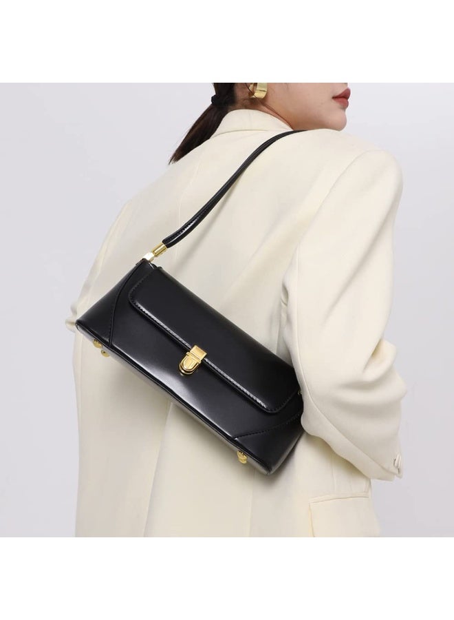 Women's Black Vegan Leather Shoulder Handbag with Gold Hardware, 11-inch - Image 4