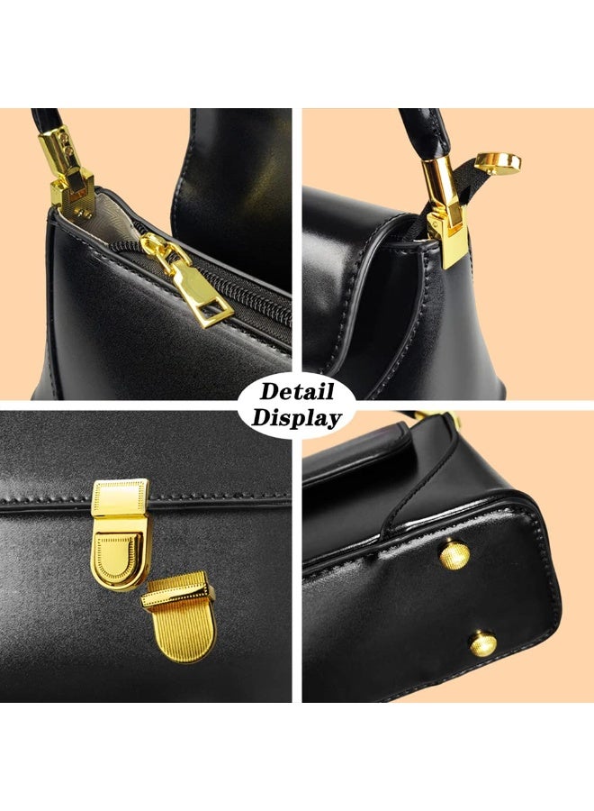 Women's Black Vegan Leather Shoulder Handbag with Gold Hardware, 11-inch - Image 5