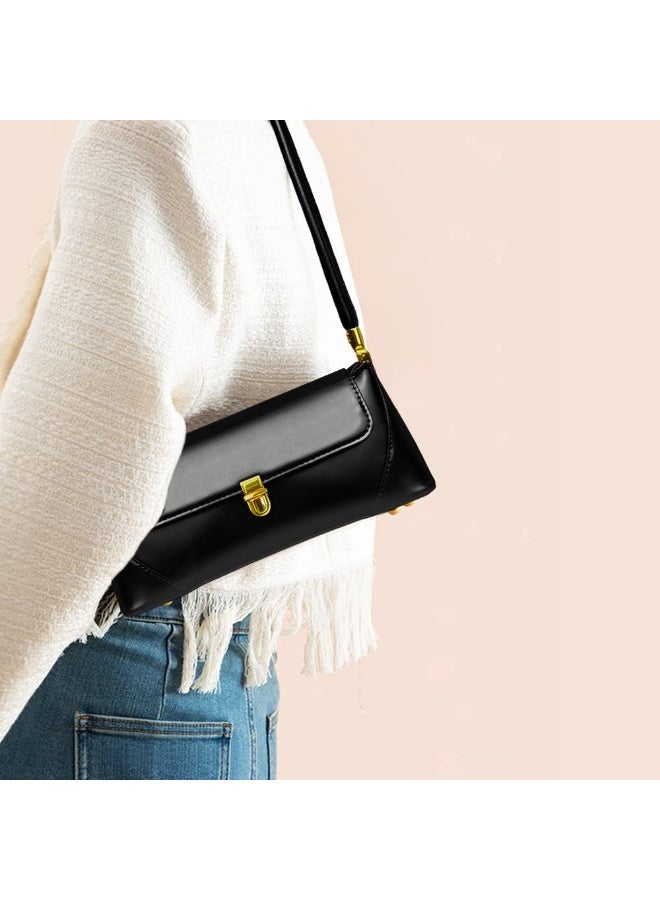 Women's Black Vegan Leather Shoulder Handbag with Gold Hardware, 11-inch - Image 2