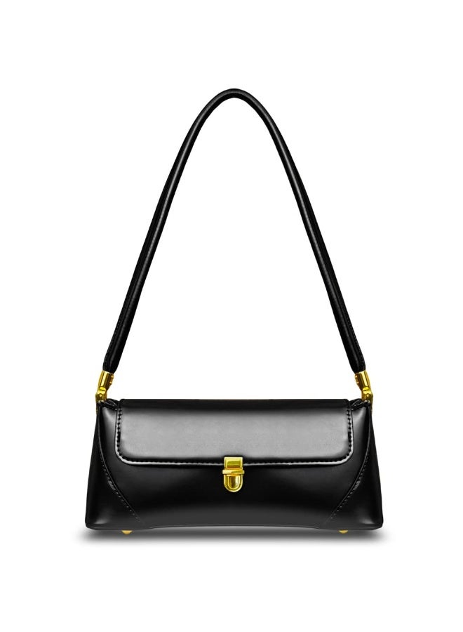 Women's Black Vegan Leather Shoulder Handbag with Gold Hardware, 11-inch - Image 1