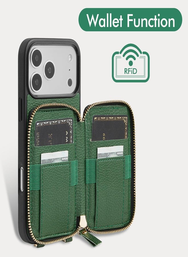 ZVE for iPhone 17 Pro Wallet Case with Card Holder, Crossbody Zipper Leather Phone Cover for Women 6.3" Dark Green - Image 2