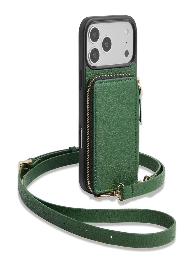 ZVE for iPhone 17 Pro Wallet Case with Card Holder, Crossbody Zipper Leather Phone Cover for Women 6.3" Dark Green - Image 1