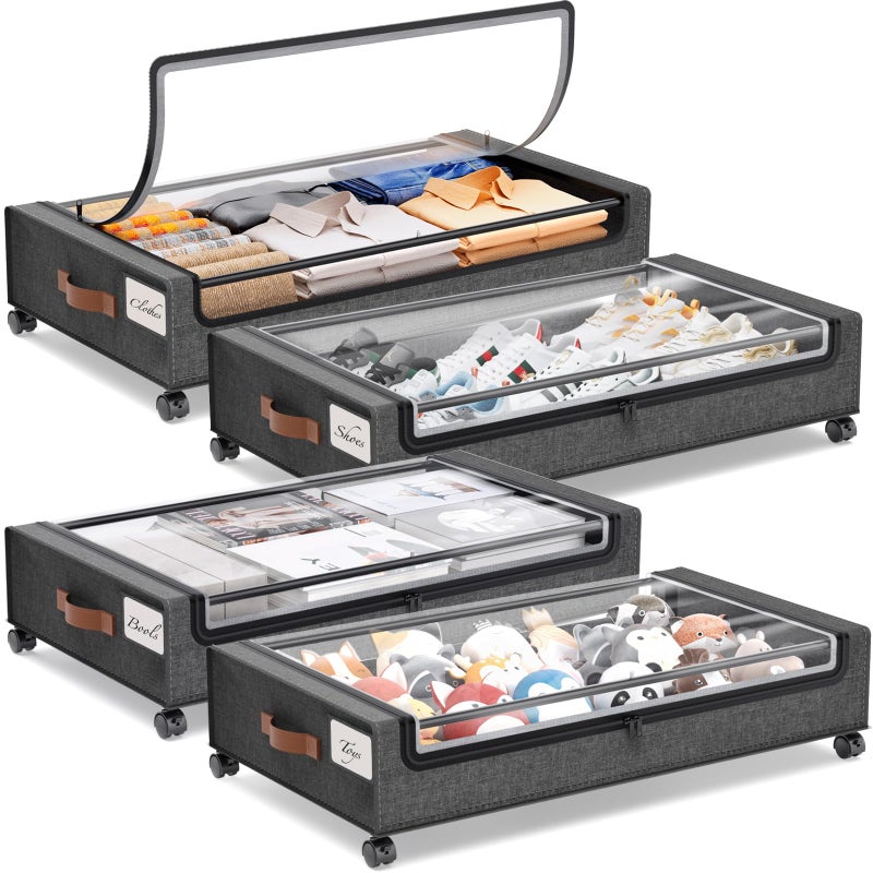 Yecaye Under Bed Storage with Wheels, 4 Pack 60L Under Bed Rolling Storage with Clear Window & Label, Underbed Storage Containers, Rolling Under Bed Metal Drawer for Clothes, Shoes, Books - Image 1